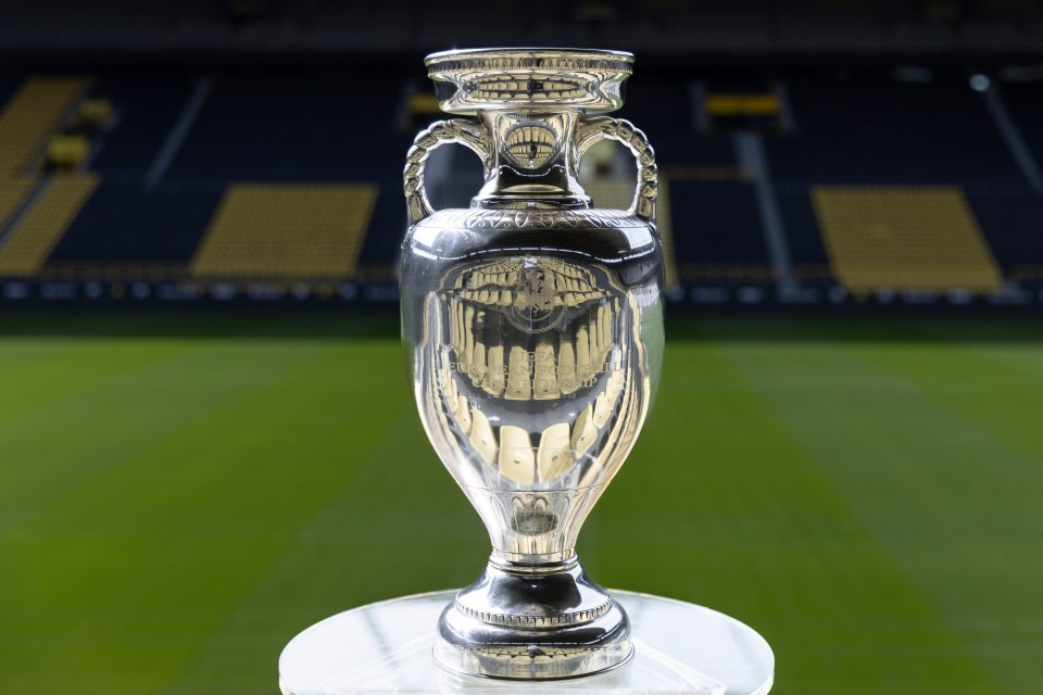DORTMUND, GERMANY - APRIL 13: The UEFA EURO 2024 Trophy is displayed at the Signal-Iduna Park on April 13, 2024 in Dortmund, Germany. (Photo by Vera Loitzsch - UEFA/UEFA via Getty Images)
