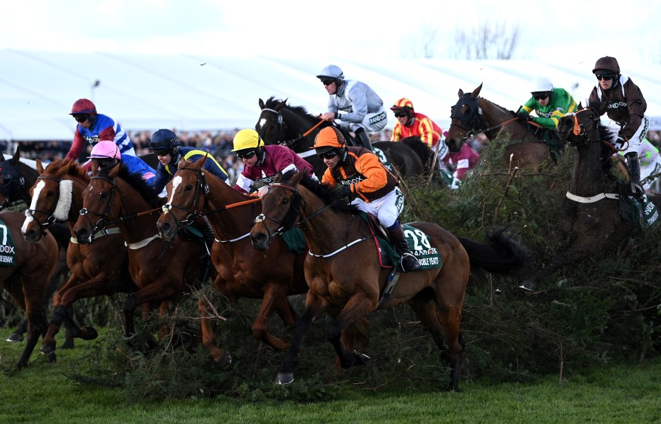 LIVERPOOL, ENGLAND - APRIL 09:  Sam Waley-Cohen rides Noble Yeats (28) clears the Chair on the way to winning the Randox Grand National Steeple Chase from Mark Walsh riding Any Second Now (L) at Aintree Racecourse on April 09, 2022 in Liverpool, England. (Photo by Shaun Botterill/Getty Images)