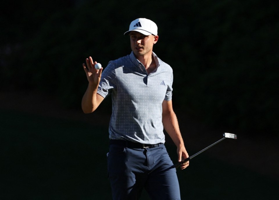Golf - The Masters - Augusta National Golf Club, Augusta, Georgia, U.S. - April 14, 2024 Sweden's Ludvig Aberg reacts after holing a birdie putt on the 13th green during the final round REUTERS/Mike Segar