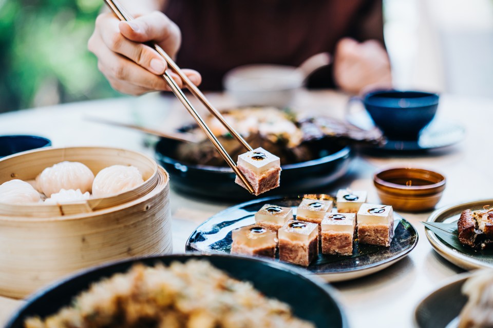 a person is eating a piece of meat with chopsticks
