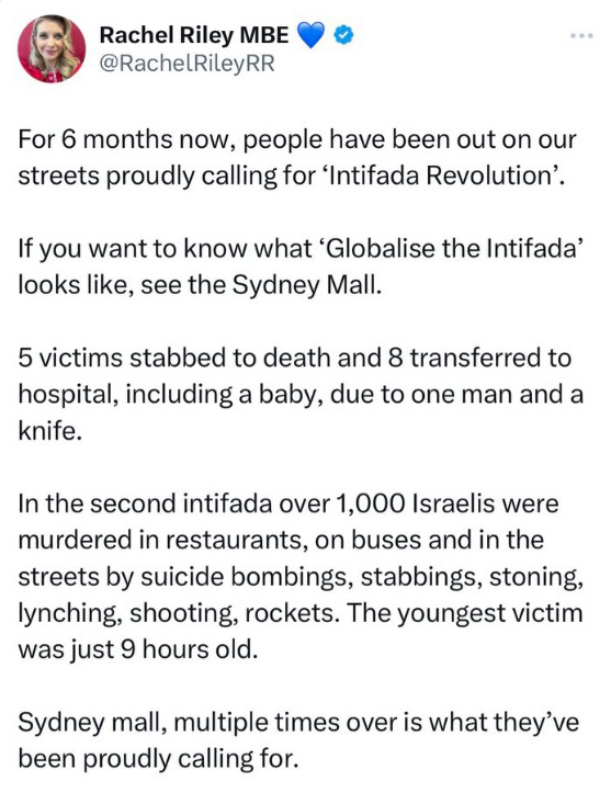 Screenshot of a tweet by Rachel Riley MBE comparing the Sydney mall stabbing to the second intifada.