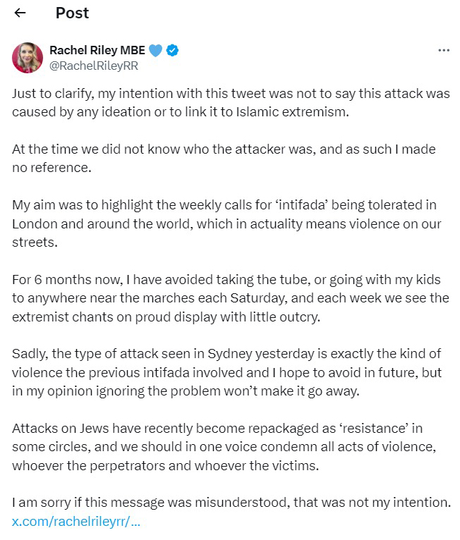Screenshot of Rachel Riley's Twitter apology.