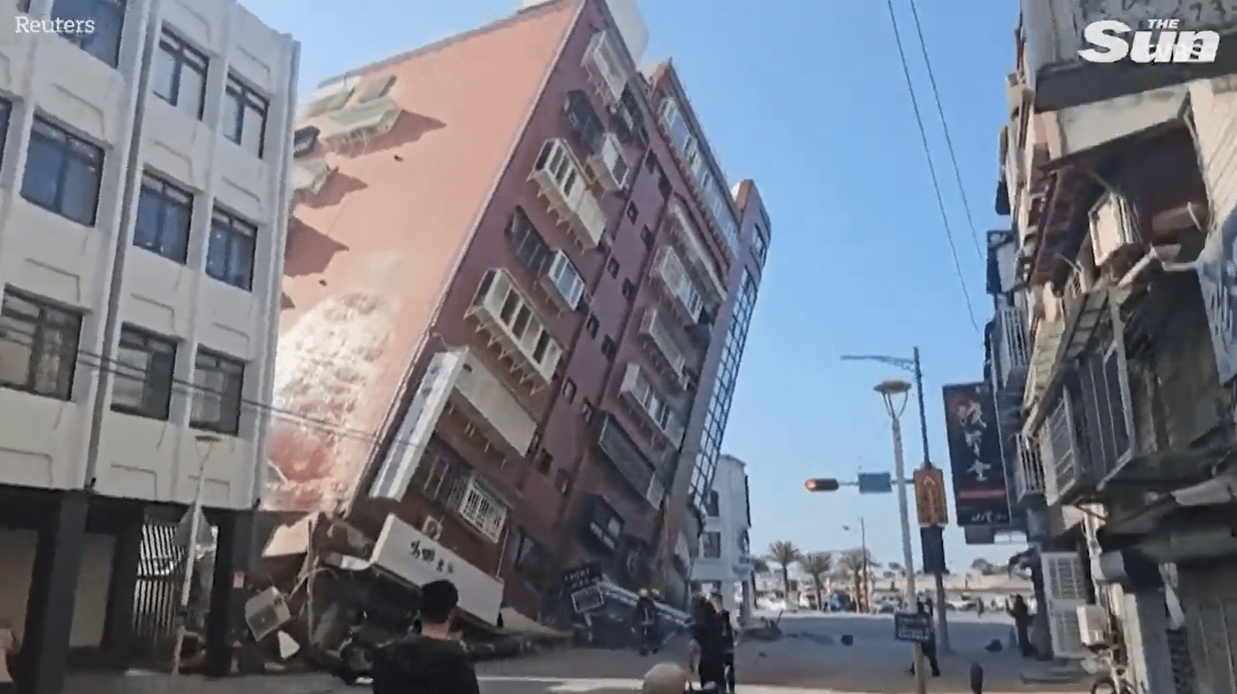 A building balances precariously at an odd angle in the eastern city of Hualien