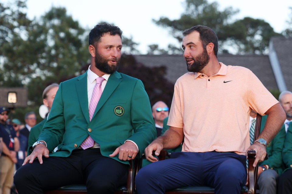 Rahm, left, scored nine-over-par as he handed the green jacket to Scottie Scheffler this year