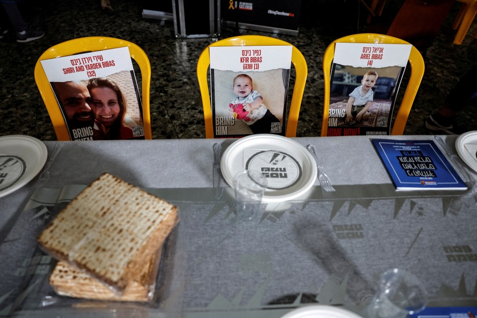 Posters with images of hostages Shiri, Yarden, Kfir and Ariel of the Bibas family