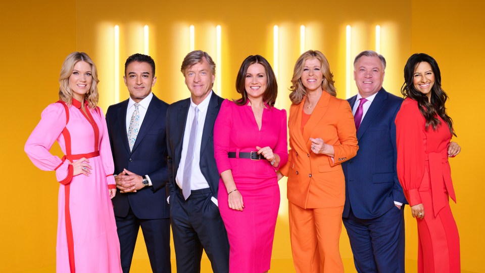 a group of people standing next to each other on a yellow background