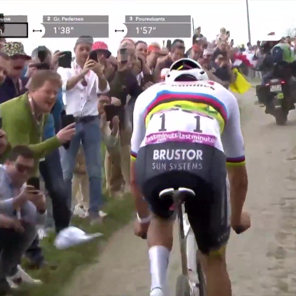 The hat was launched at Van der Poel's bike - clearly an attempt to make him crash