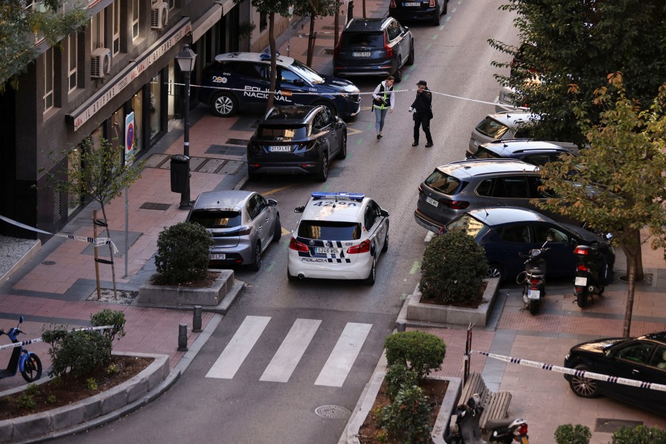 Police work at the site where Alejo Vidal-Quadras, former head of Spain's People's Party in the Catalonia region, was shot in the face, in Madrid, Spain, November 9, 2023. REUTERS/Nacho Doce