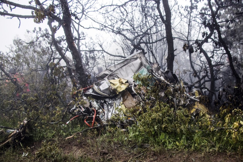 Wreckage of the crashed helicopter is pictured in the area of Varzaghan, Tabriz province, southwestern Iran