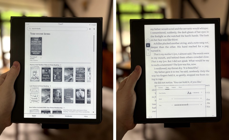 Hands holding a Kindle e-reader displaying recent items and a book excerpt.