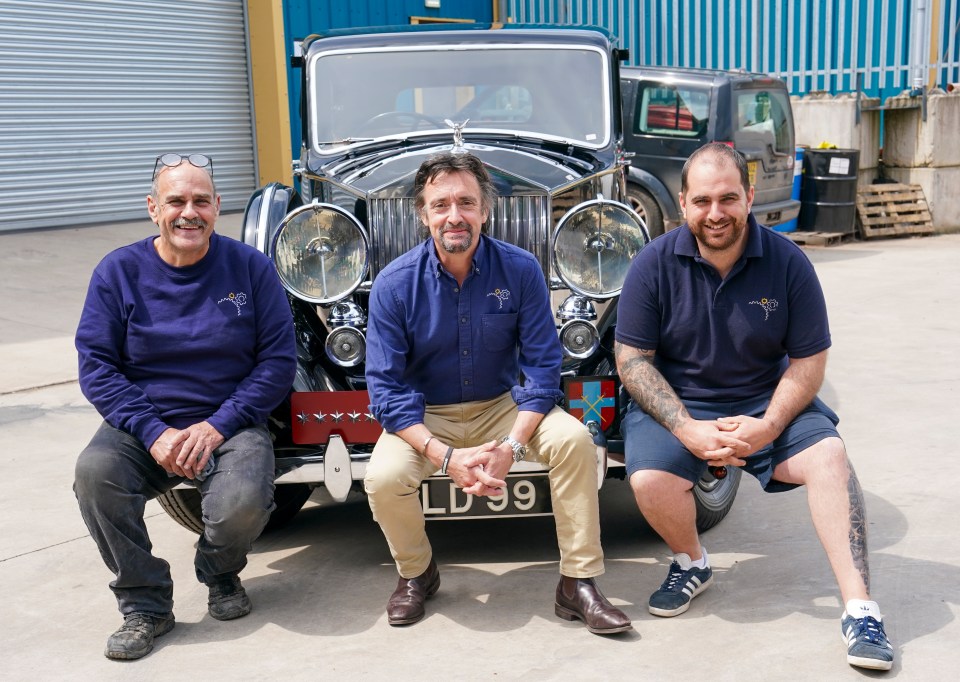 At his West Country garage Tv star Richard Hammond with the beautifully restored vintage Rolls Royce that Viscount Bernard Montgomery used in Normandy on D Day plus 3 .Joining Richard him was the restoration tea Neil Greenhouse and son Anthony Greenhouse. .Picture Arthur Edwards The Sun