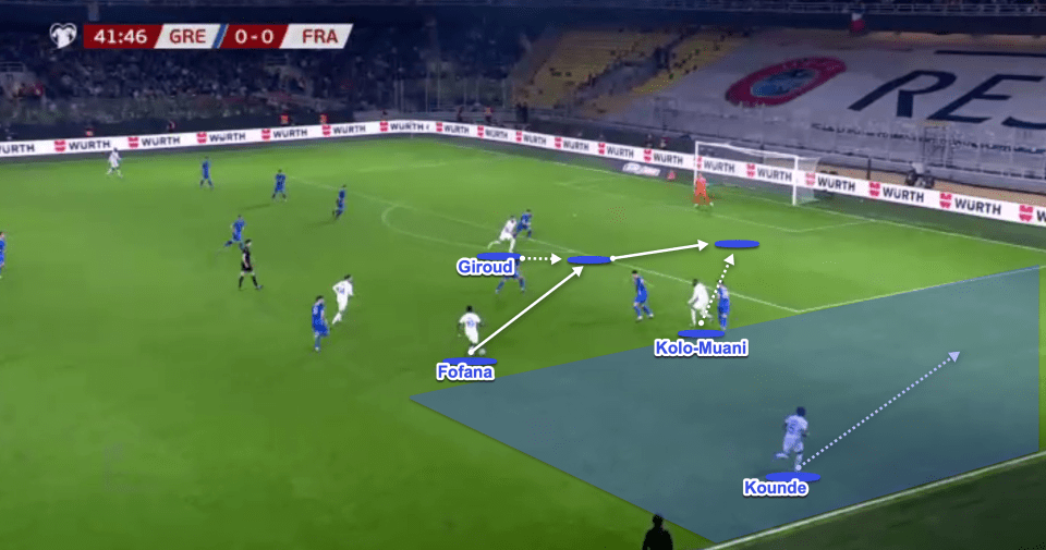 The focus is Giroud, who takes the ball and lays it off to Kolo Muani who scores