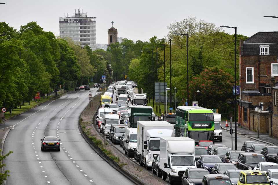 Traffic is brought to a standstill on the Great West Road in West London