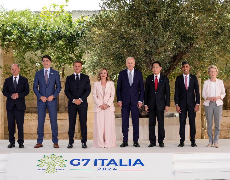 World leaders Olaf Scholz; Justin Trudeau; Emmanuel Macron; Giorgia Meloni; Joe Biden; Fumio Kishida; Rishi Sunak and Ursula von der Leyen at G7 summit