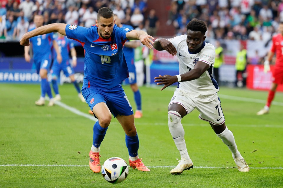 GELSENKIRCHEN, GERMANY - JUNE 30: David Hancko of Slovakia and Bukayo Saka of England challenge during the UEFA EURO 2024 round of 16 match between England and Slovakia at Arena AufSchalke on June 30, 2024 in Gelsenkirchen, Germany. (Photo by Richard Sellers/Sportsphoto/Allstar via Getty Images)