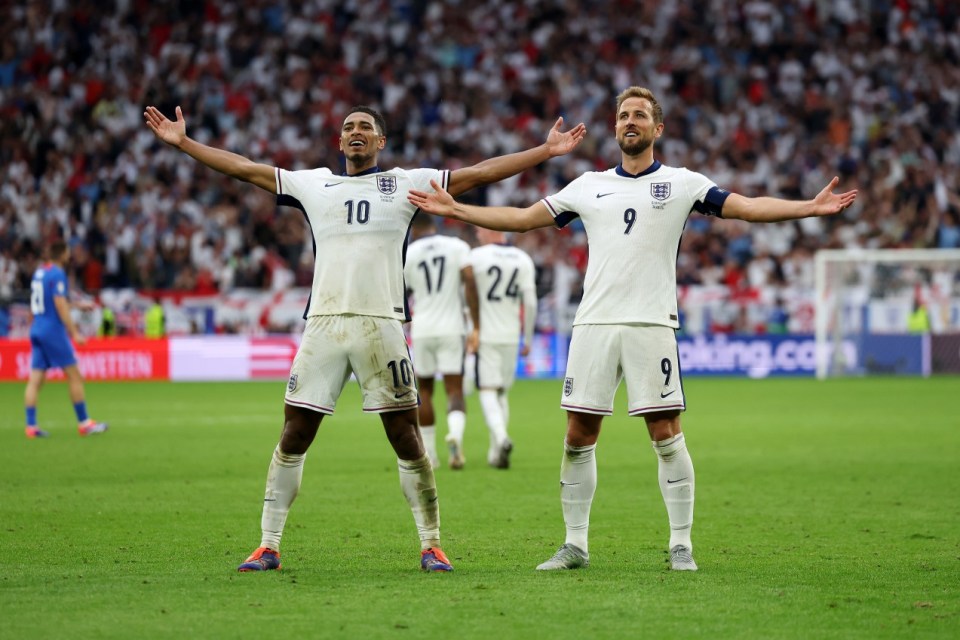 GELSENKIRCHEN, GERMANY - JUNE 30: Jude Bellingham of England celebrates scoring his team's first goal with teammate Harry Kane during the UEFA EURO 2024 round of 16 match between England and Slovakia at Arena AufSchalke on June 30, 2024 in Gelsenkirchen, Germany. (Photo by Eddie Keogh - The FA/The FA via Getty Images)