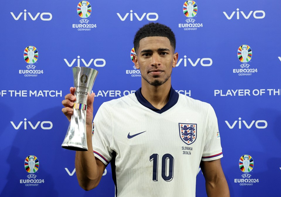 GELSENKIRCHEN, GERMANY - JUNE 30: Jude Bellingham of England poses for a photo with his VIVO Player of the Match Trophy after the UEFA EURO 2024 round of 16 match between England and Slovakia at Arena AufSchalke on June 30, 2024 in Gelsenkirchen, Germany. (Photo by Matt McNulty - UEFA/UEFA via Getty Images)