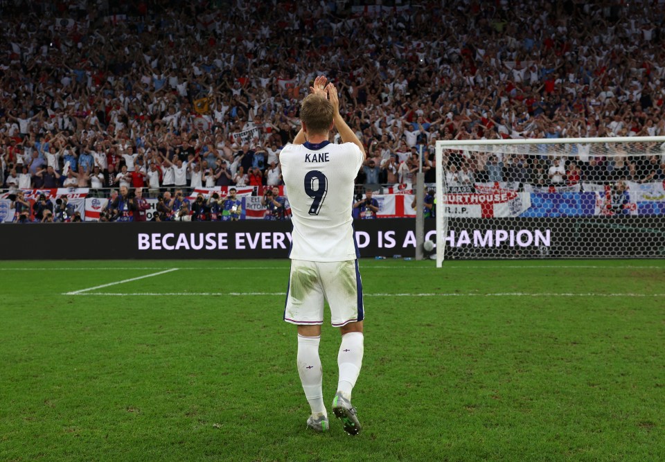 GELSENKIRCHEN, GERMANY - JUNE 30: Harry Kane of England acknowledges the fans following the UEFA EURO 2024 round of 16 match between England and Slovakia at Arena AufSchalke on June 30, 2024 in Gelsenkirchen, Germany. (Photo by Eddie Keogh - The FA/The FA via Getty Images)