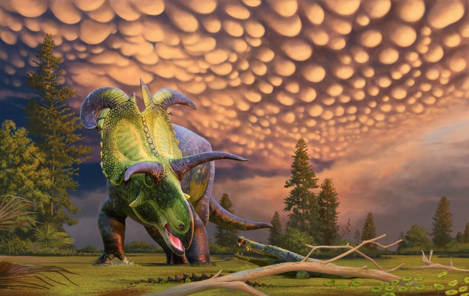 an illustration of a dinosaur with a cloudy sky in the background