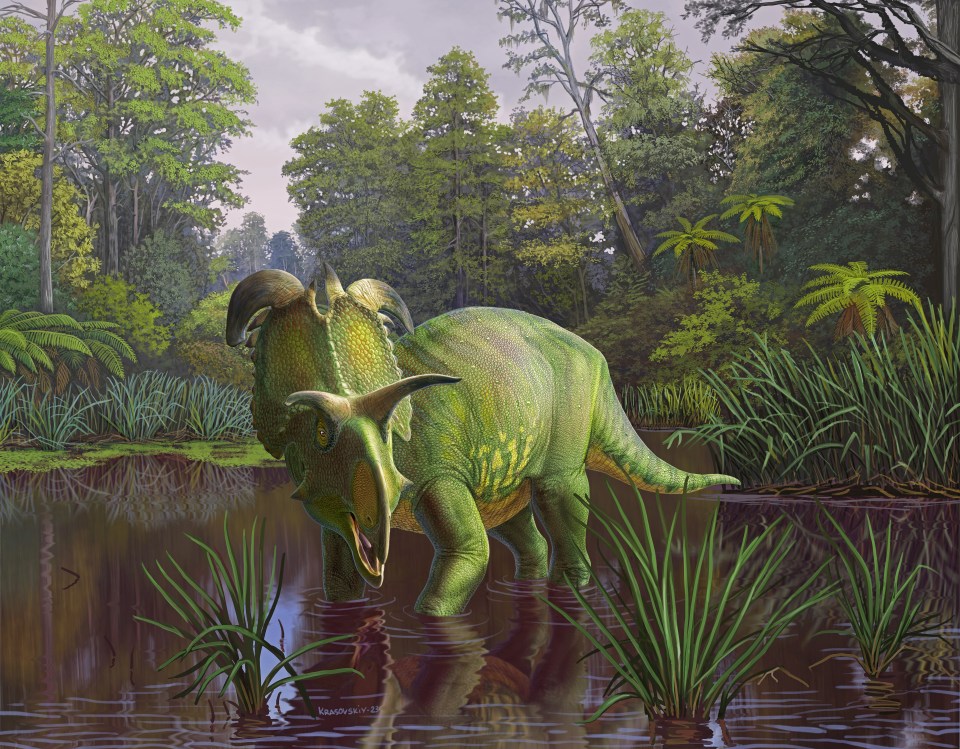 a painting of a green dinosaur standing in a body of water