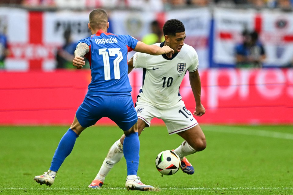 England's midfielder #10 Jude Bellingham challenges Slovakia's forward #17 Lukas Haraslin (L) during the UEFA Euro 2024 round of 16 football match between England and Slovakia at the Arena AufSchalke in Gelsenkirchen on June 30, 2024. (Photo by PATRICIA DE MELO MOREIRA / AFP) (Photo by PATRICIA DE MELO MOREIRA/AFP via Getty Images)