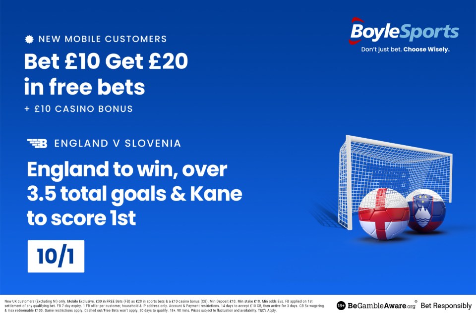 England vs Slovenia: Get £20 in free bets and £10 casino bonus, plus 10/1 boost