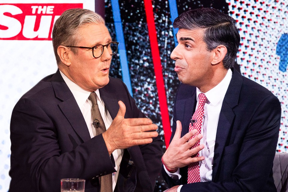 two men are talking in front of a sign that says the sun