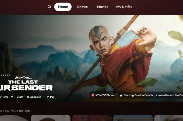 Netflix's redesigned homepage featuring *Avatar: The Last Airbender*.