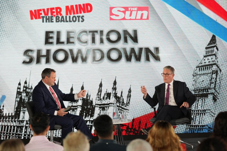 two men are sitting in front of a sign that says election showdown