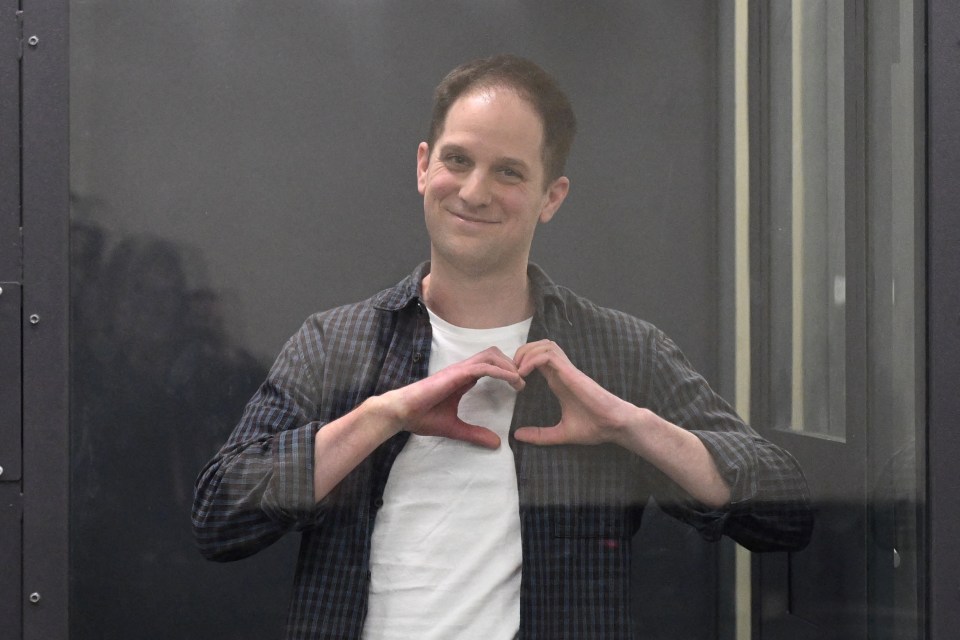 Evan Gershkovich pictured in April looking defiant after over a year suffering in pre-trial detention