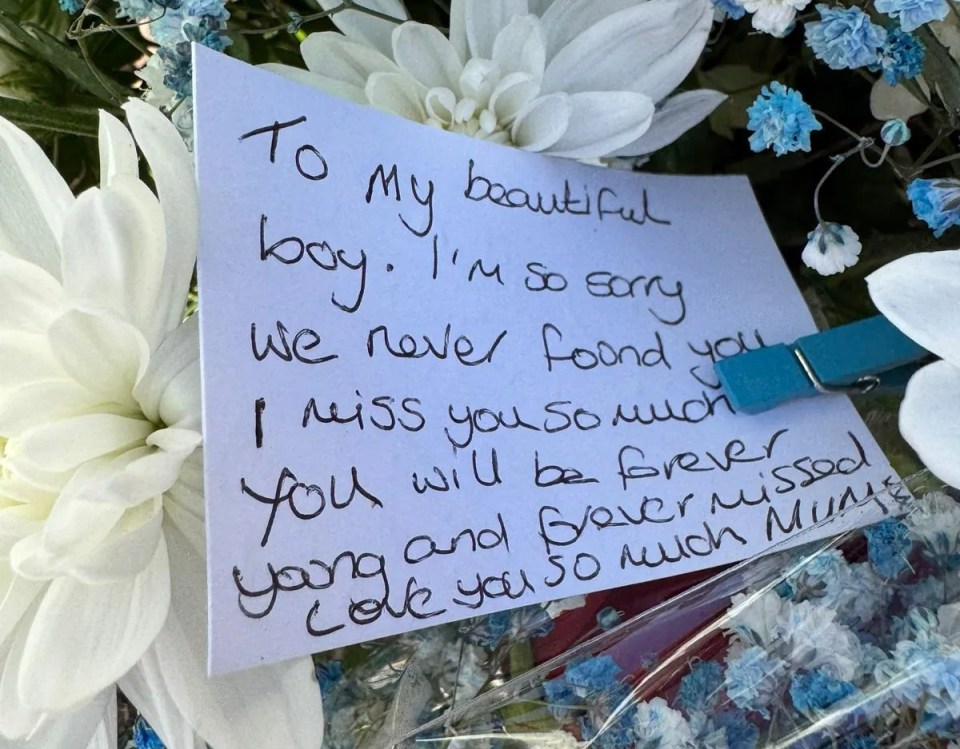 a handwritten note to a boy says " to my beautiful boy i 'm so sorry we never found you "