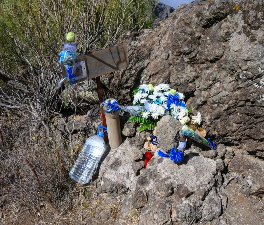 a sign on a rock with flowers and a bottle of water