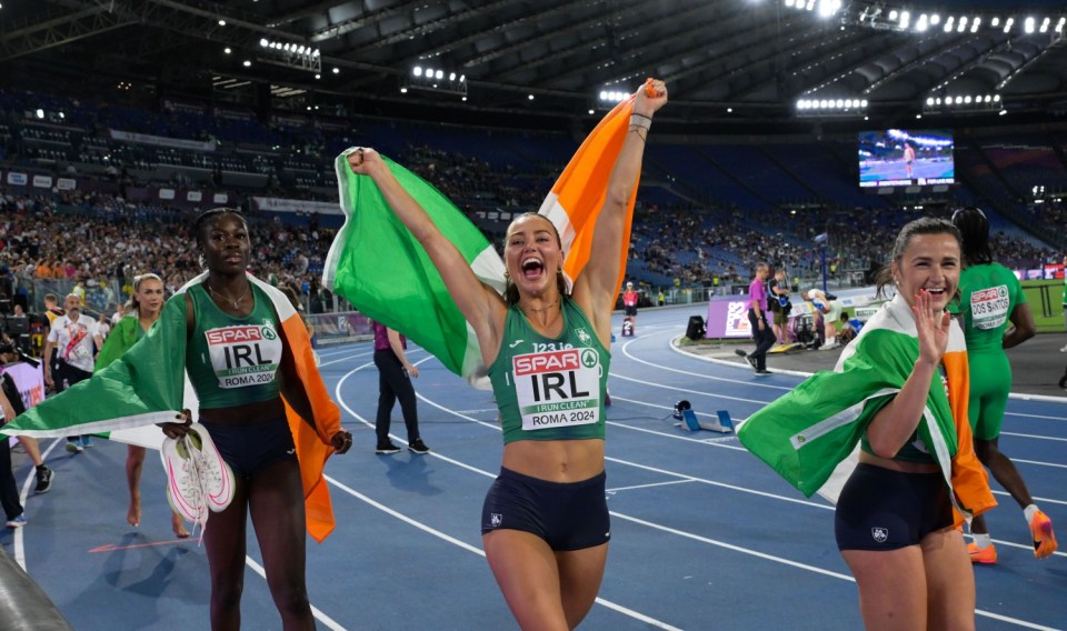 ROME, ITALY - JUNE 12: The Irish women's relay team, Rhasidat Adeleke, Sophie Becker, Phil Healy, and Sharlene Mawdsley after finishing second in the women's 4x400m relay final during day six of the 26th European Athletics Championships - Rome 2024 at Stadio Olimpico on June 12, 2024 in Rome, Italy. (Photo by Silvia Lore/Getty Images)