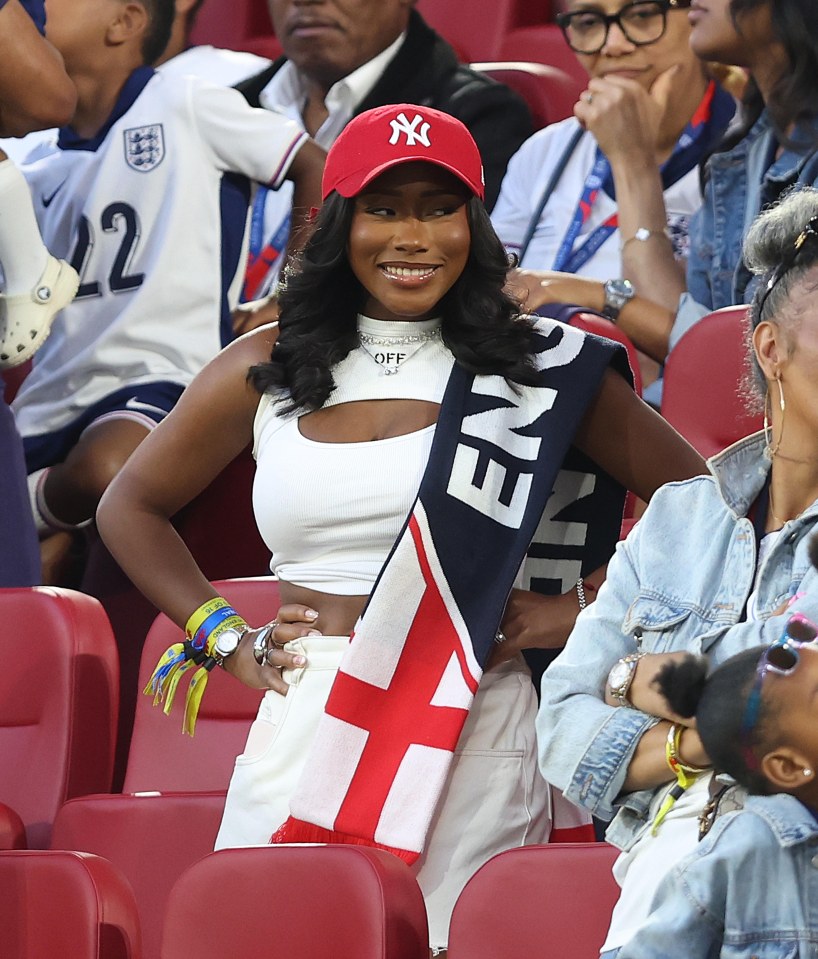 DUSSELDORF, GERMANY - JULY 6: Tolami Benson partner to Bukayo Saka of England during the UEFA EURO 2024 quarter-final match between England and Switzerland at Dusseldorf Arena on July 6, 2024 in Dusseldorf, Germany. (Photo by Crystal Pix/MB Media/Getty Images)