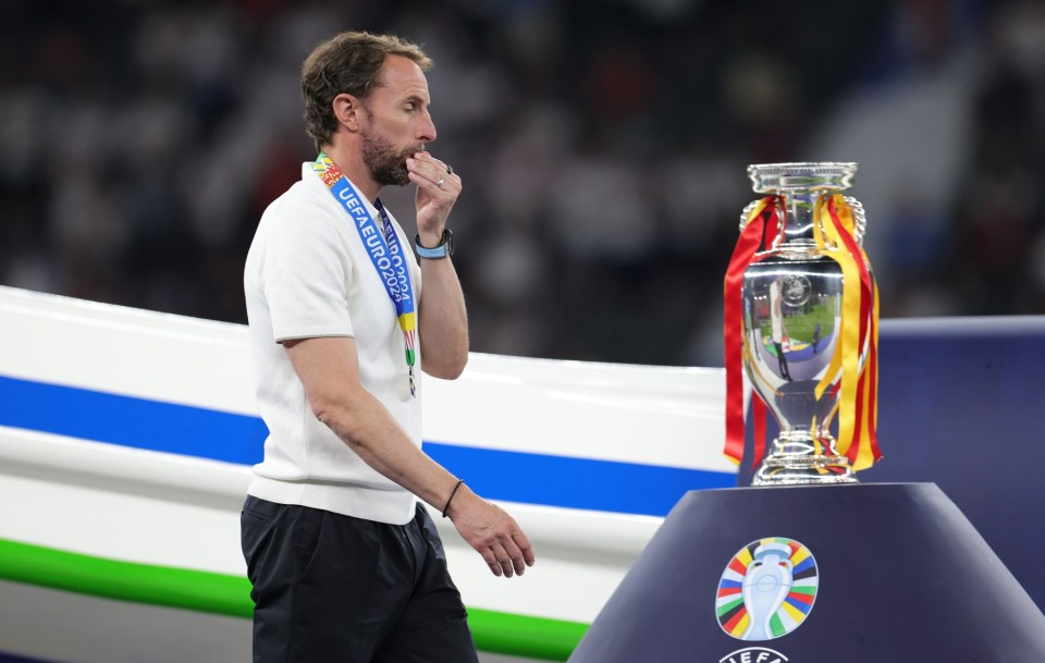 BERLIN, GERMANY - JULY 14: Head Coach Gareth Southgate of England disappointed at the award ceremony after the UEFA EURO 2024 final match between Spain and England at Olympiastadion on July 14, 2024 in Berlin, Germany. (Photo by Jürgen Fromme - firo sportphoto/Getty Images)