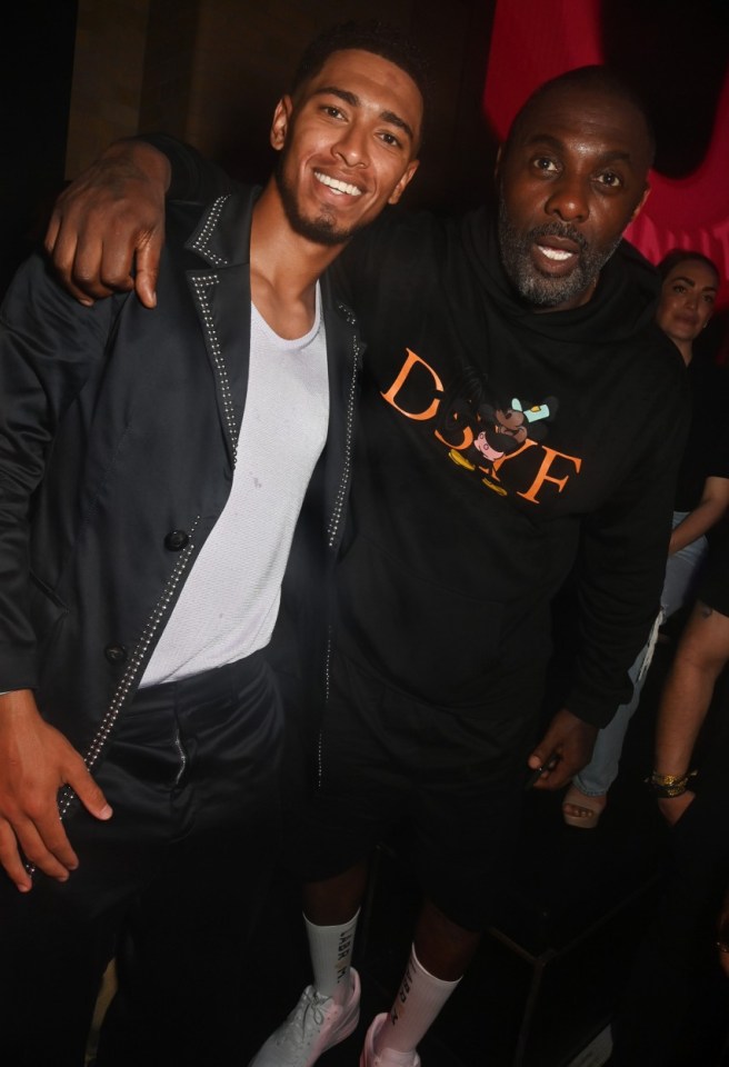 LONDON, ENGLAND - JULY 18: Jude Bellingham and Idris Elba attend the UK Launch of 'Gin & Juice By Dre and Snoop' at Flipper's Roller Boogie Palace on July 18, 2024 in London, England. (Photo by Dave Benett/ Getty Images for Gin & Juice by Dre and Snoop)