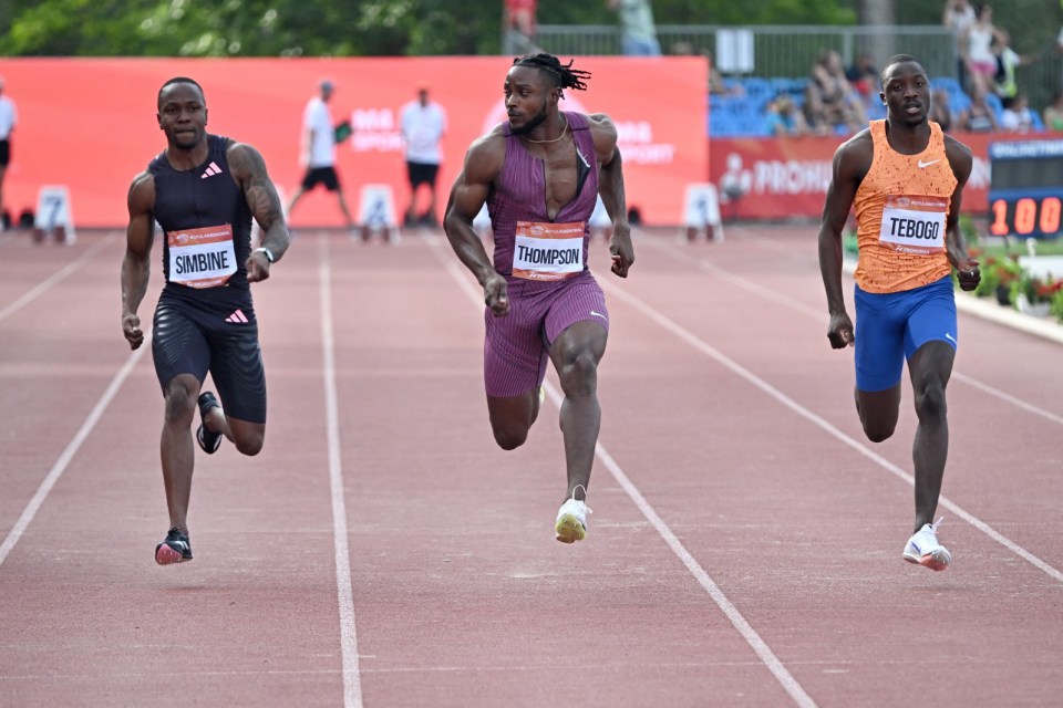 Jamaica's Kishane Thompson (C) competes to win ahead of South Africa's Akani Simbine (L) and Botswana's Letsile Tebogo during the men's 100 metres competition of the Gyulai Istvan Memorial World Athletics Continental Tour Gold Meeting at the Athletic Center of Szekesfehervar, Hungary on July 9, 2024. (Photo by Attila KISBENEDEK / AFP) (Photo by ATTILA KISBENEDEK/AFP via Getty Images)