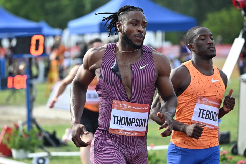 Jamaica's Kishane Thompson (L) competes to win ahead of Botswana's Letsile Tebogo during the men's 100 metres competition of the Gyulai Istvan Memorial World Athletics Continental Tour Gold Meeting at the Athletic Center of Szekesfehervar, Hungary on July 9, 2024. (Photo by Attila KISBENEDEK / AFP) (Photo by ATTILA KISBENEDEK/AFP via Getty Images)
