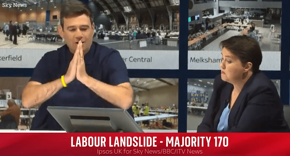 a man and a woman are sitting in front of a screen that says sky news