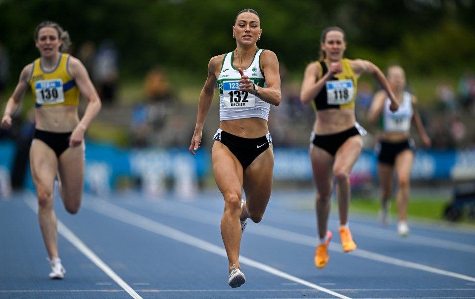 30 June 2024; Sophie Becker of Raheny Shamrock AC, Dublin, centre, on her way to winning the women's 400m during day two of the 123.ie National Outdoor Senior Championships at Morton Stadium in Santry, Dublin. Photo by Sam Barnes/Sportsfile
