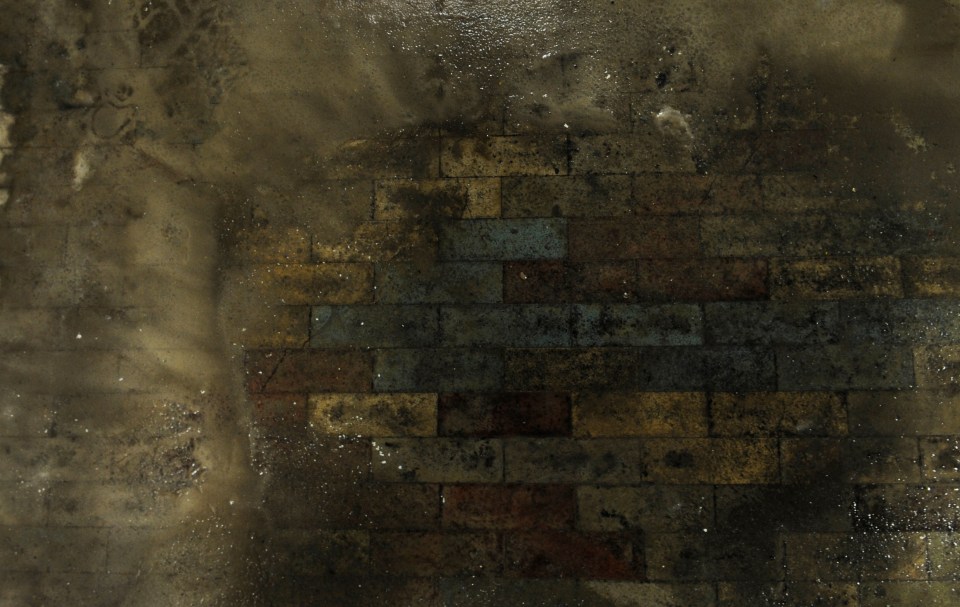 a brick wall with a few spots of water on it