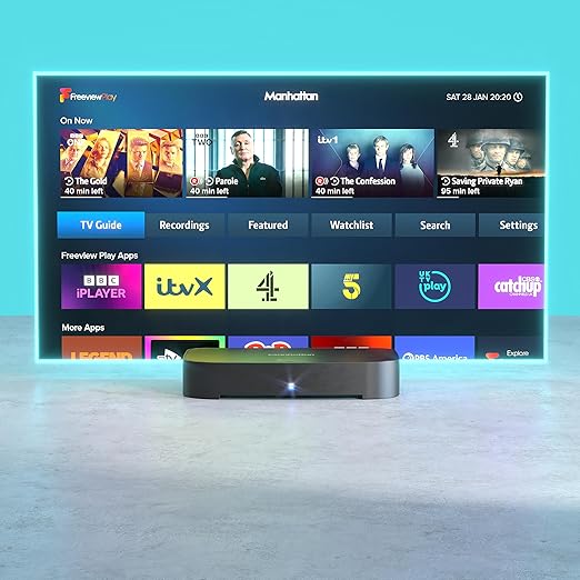 a tv displaying a screen that says manhattan on it