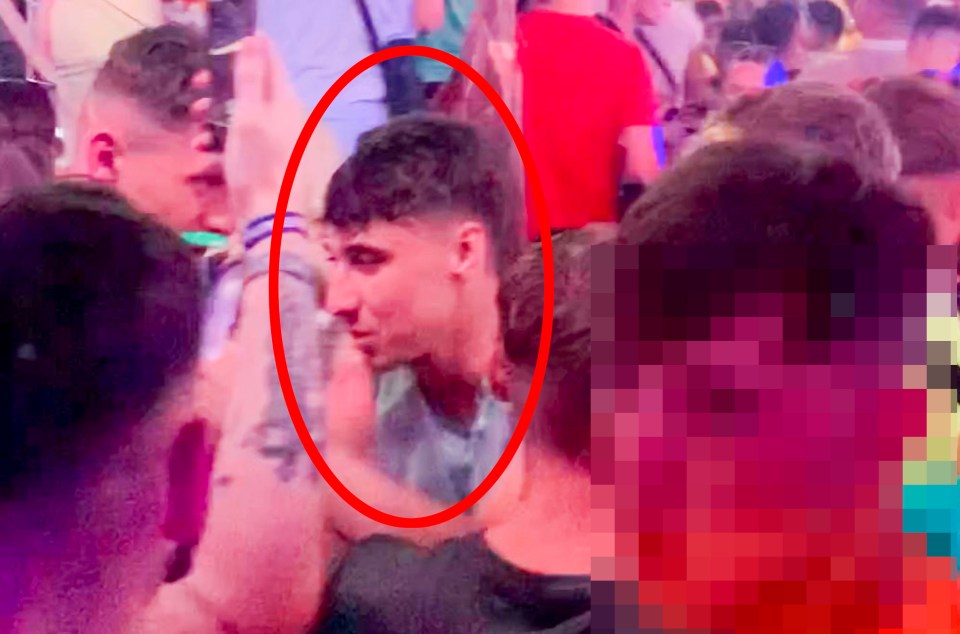 © Ian Whittaker.23/06/2024..A search continues for British teenager Jay Slater, who went missing on Monday after attending a dance music festival in Tenerife.Pictured. Jay Slater appears to stubble back to his feet as other partygoers watch on at the NRG festival on Sunday night (16/9/24). Jay is wearing a grey and green sports top around his neck...Photo credit: Ian Whittaker
