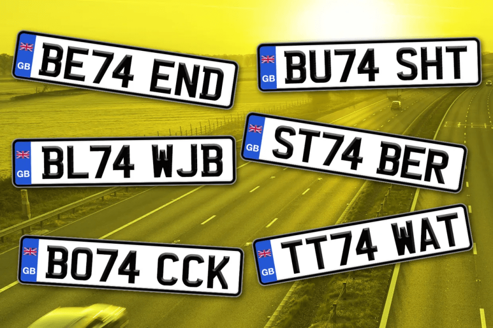 a bunch of british license plates on a highway