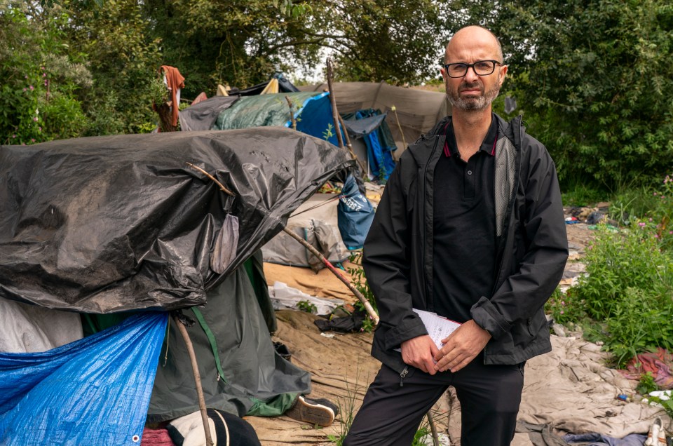 Oliver at a migrant jungle in France