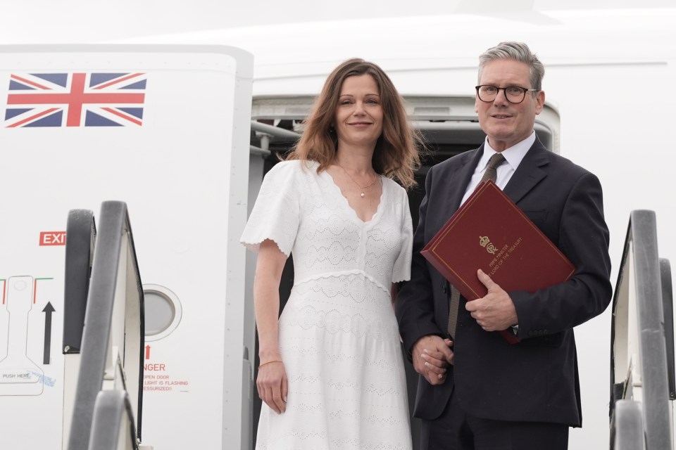 Prime Minister Sir Keir Starmer and his wife Victoria board a plane at Stansted Airport to attend the Nato summit