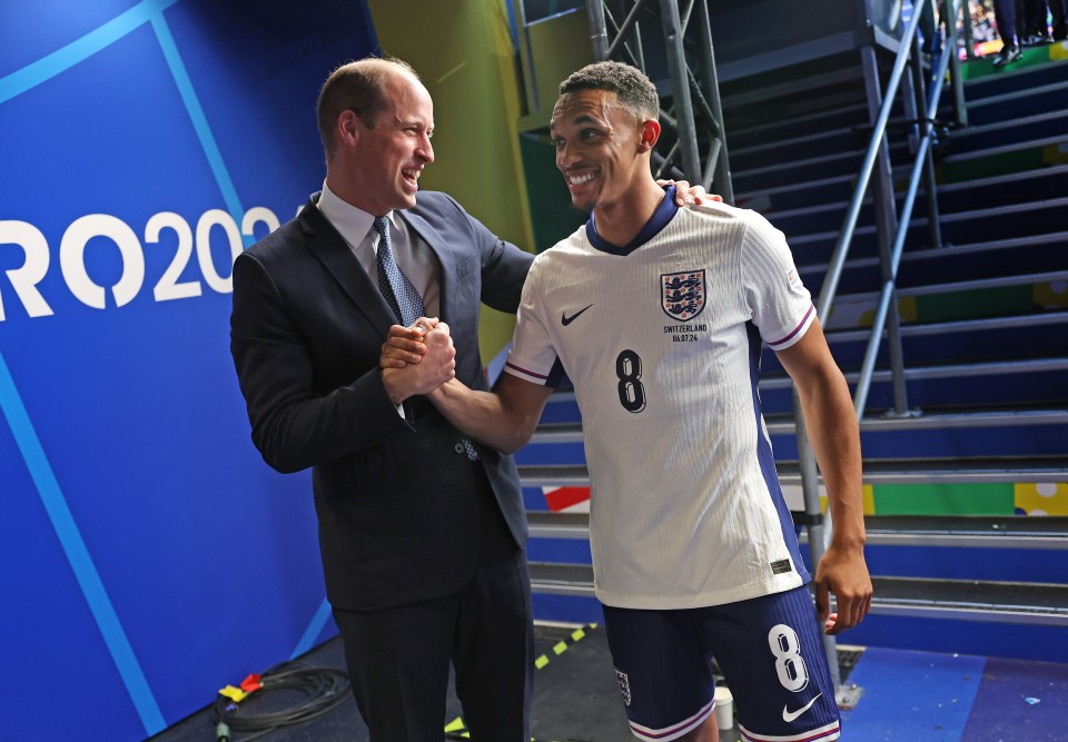 Prince William congratulates Trent Alexander-Arnold following victory in the penalty shoot-out vs Switzerland on July 6