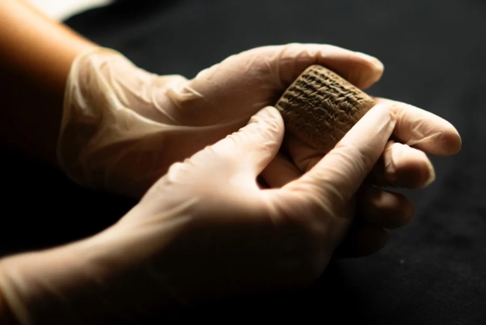 a person wearing gloves is holding a piece of clay