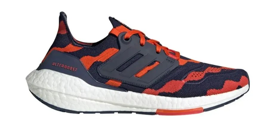 a pair of orange and blue adidas ultraboost shoes