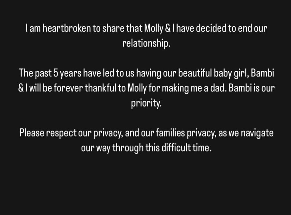 a phone screen shows a message that says " i am heartbroken to share that molly & i have decided to end our relationship "